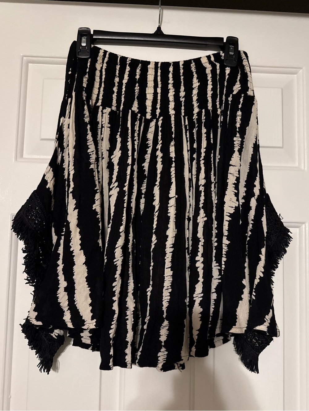 Mud Pie Black White Striped Boho Smocked Skirt Tassel Trim S/M back to school
